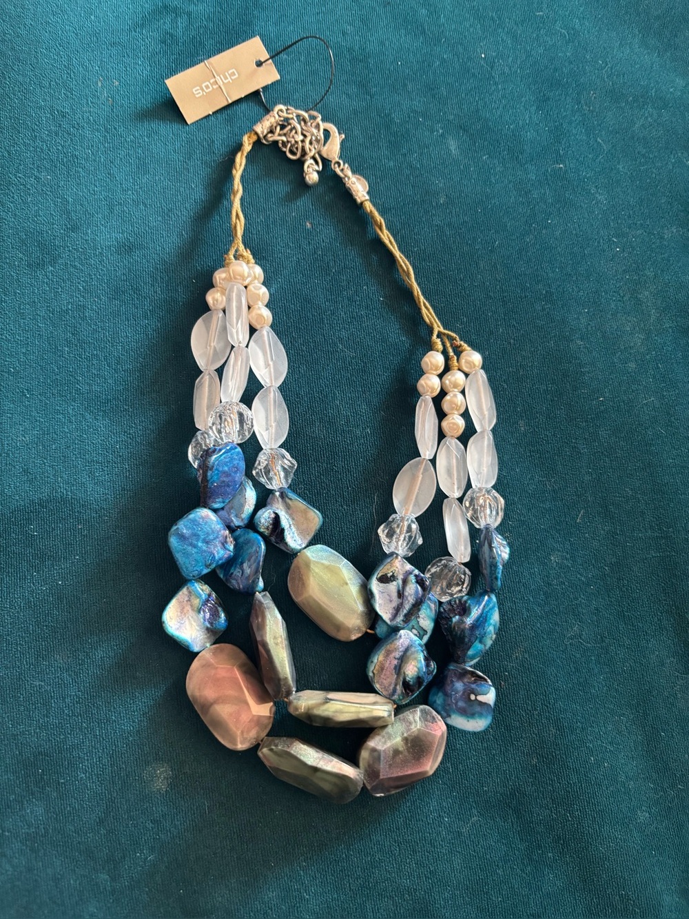 Chico's Iridescent Blue and Pearl Multi-Strand Statement Necklace
